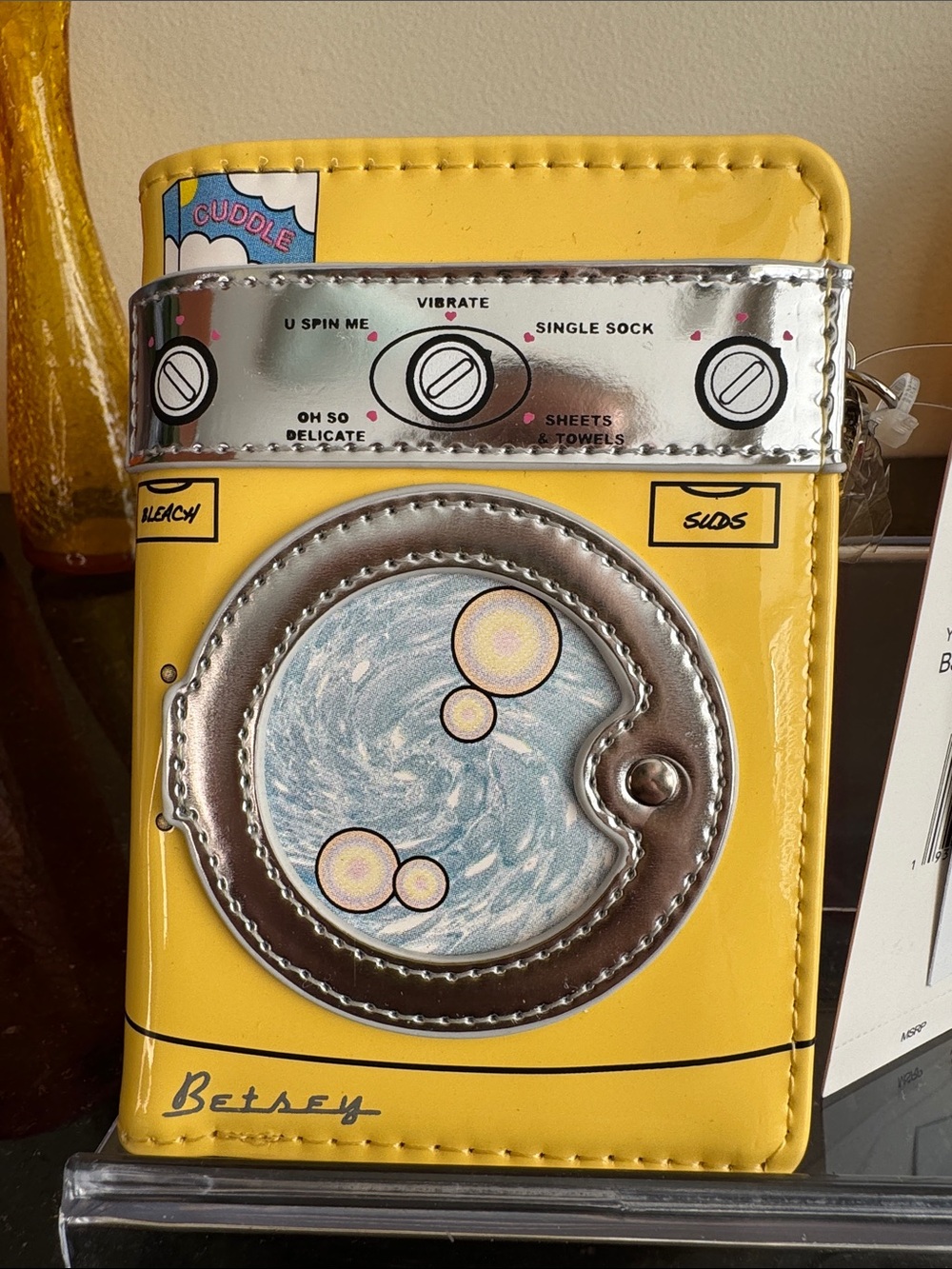 Betsey Johnson Yellow Washing Machine Card Case with Silver Accents
